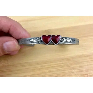 VTG Pewter Dual Hearts Cuff Bracelet Stamped SISK CB16 Unique